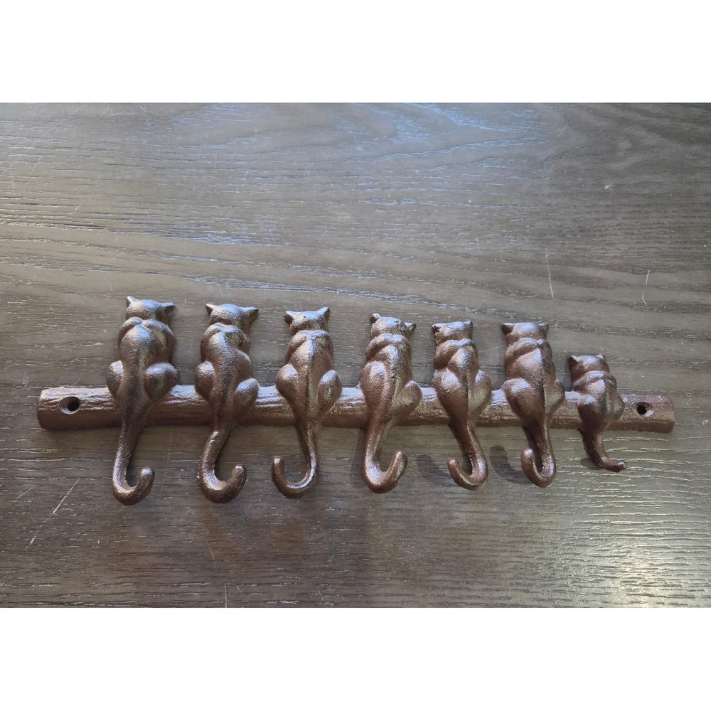 Cast Iron Cat Wall Hook Rack 7 Cats on Branch Rustic Brown Decorative Hanger